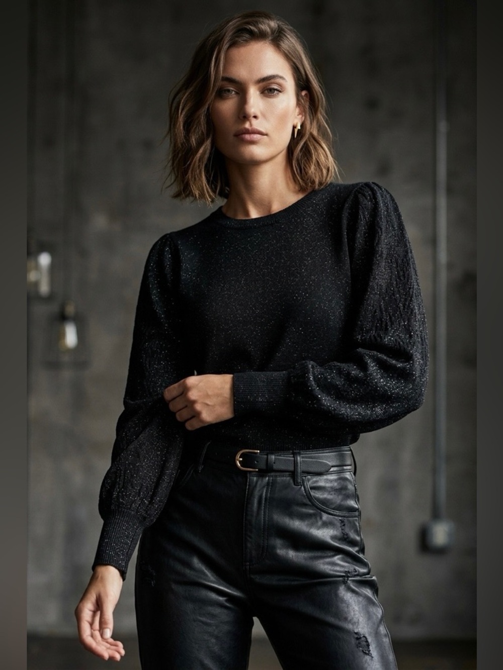 Adriana Papell Black Sparkle Puff-Sleeve Knit Top - Women